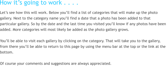 Let’s see how this will work. Below you’ll find a list of categories that will make up the photo gallery. Next to the category name you’ll find a date that a photo has been added to that particular gallery. So by the date and the last time you visited you’ll know if any photos have been added. More categories will most likely be added as the photo gallery grows.  You’ll be able to visit each gallery by clicking on the category. That will take you to the gallery, from there you’ll be able to return to this page by using the menu bar at the top or the link at the bottom.   Of course your comments and suggestions are always appreciated. How it’s going to work . . . .