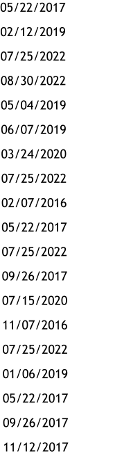 05/22/2017 02/12/2019 07/25/2022 08/30/2022 05/04/2019 06/07/2019 03/24/2020 07/25/2022 02/07/2016 05/22/2017 07/25/2022 09/26/2017 07/15/2020 11/07/2016 07/25/2022 01/06/2019 05/22/2017 09/26/2017 11/12/2017